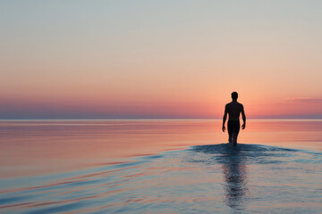 Fototapeta premium serene scene of swimmer gliding through calm waters at sunset