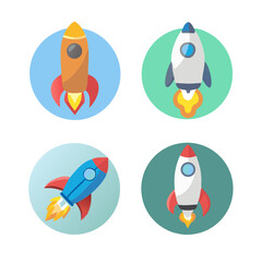 Four Rocket Icons Fiery 3D & Flat Launch Illustrations