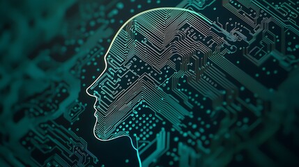 A digital circuit board forms a human profile silhouette, symbolizing the integration of technology and artificial intelligence.