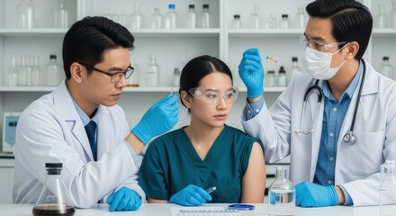 Serious Medical Professionals in Lab Coats and Gloves Working in Modern Laboratory