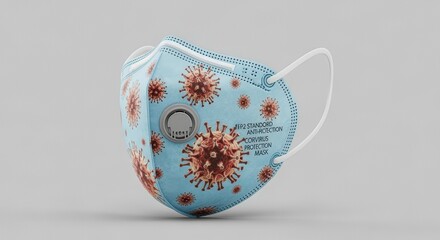 Virus Patterned Light Blue Respiratory Protective Mask with Exhalation Valve on Clean White Background Medical Safety Equipment