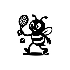 A bee holding a tennis racket and tennis balls