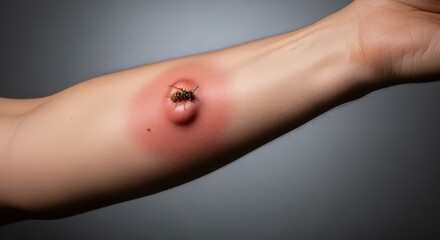 Swollen Human Arm with Red Skin and Emerging Insect Close Up