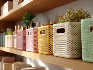 Pastel storage baskets on wooden office shelf with plants and bottles, creating organized and cozy atmosphere