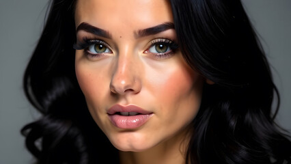 Fototapeta premium Close-up portrait of woman with wavy black hair and green eyes in studio light.