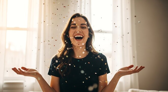 Excited woman throwing confetti indoors celebrating a special occasion - Powered by Adobe