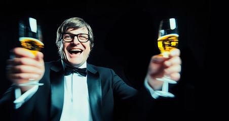 Man Celebrating with Champagne – Success, Joy, and Achievement, personal or professional triumph, where a man is cheering with champagne
