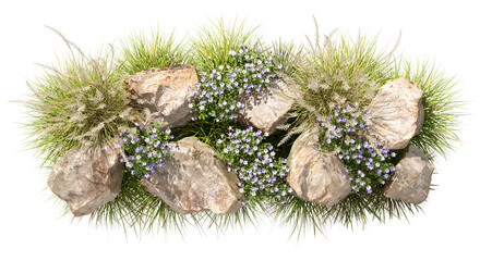 Isolate wildflower fields grass dense rocks landscaped on transparent backgrounds 3d rendering png