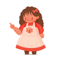 Adorable cartoon girl with curly hair and red dress pointing with her finger. 