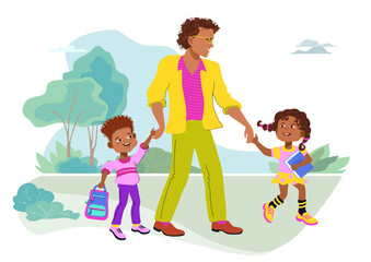 Dad, son, and daughter are holding hands and walking to school through the park. Primary School Kids. A loving father and his children talking and smiling. Cartoon flat vector flat illustration.