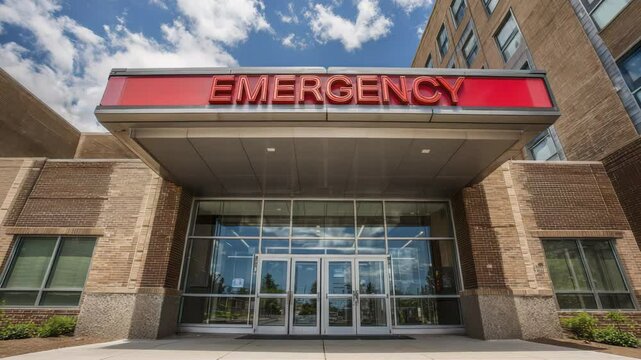 Hospital Emergency Room Entrance with Red Sign under Blue Sky, Glass Doors, and Brick Facade