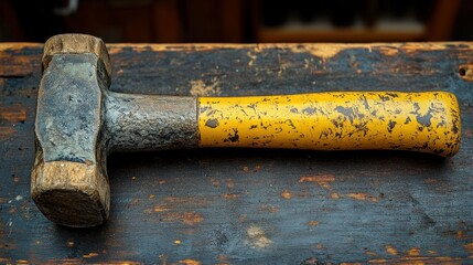 Aged sledgehammer on workbench