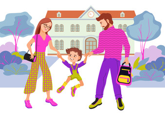 Father, mother, and funny son are holding hands and walking to school. Happy family concept. Joyful family, parenting. Loving parents and child are talking and smiling. Vector flat illustration.