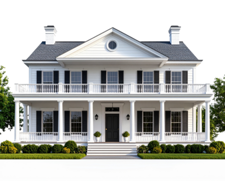 Colonial-Style White House with Pillars and Balcony, Front-Facing View, isolated PNG