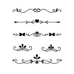 Obraz premium Gold text dividers doodle set. Wedding decorative elements. ornament, borders, floral, vintage line separators. Hand drawn vector illustration isolated on white background. Set page dividers. 