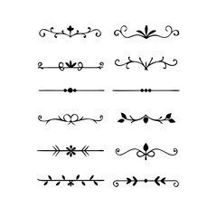 Obraz premium Gold text dividers doodle set. Wedding decorative elements. ornament, borders, floral, vintage line separators. Hand drawn vector illustration isolated on white background. Set page dividers. 