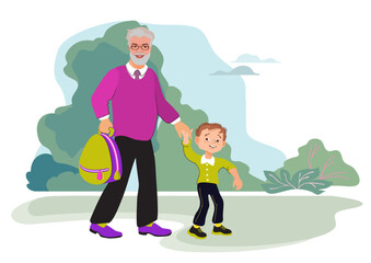 Grandfather and grandson are holding hands and walking to school through the park. Family scene, parenting. A loving grandfather and child are talking and smiling. Cartoon flat vector illustration.