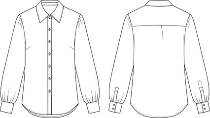 Long sleeve shirt flat, front and back view, technical drawing, CAD fashion sketch, vector apparel illustration, garment design template
