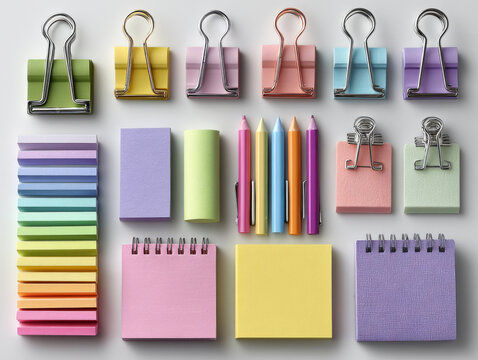 Colorful stationery items including pastel paper clips, sticky notes, and notebooks are neatly organized in top view