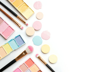 Flatlay of Pastel Watercolor Paints and Black Brush on White Background in Creative Artistic Composition
