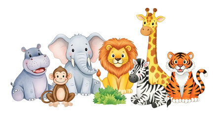 Obraz premium Cartoon Animals Illustration featuring Hippo Elephant Monkey Lion Zebra Giraffe Tiger