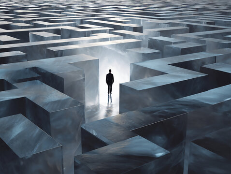 A lone figure inside of complex maze. Concept of choice and confusion, surreal mood. Generative Ai.