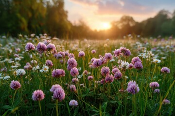 Obraz premium Vibrant meadow scene with pink clover and white daisies bathed in golden sunset light