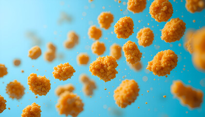 Floating clusters of bright orange aggregates contrast beautifully against a soft blue background, showcasing an abstract and textured design element.
