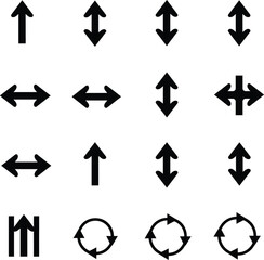 Diverse Arrow Icon Silhouettes: Up, Down, Left, Right, Double-Ended, Four-Way, and Circular Arrows for Navigation and Direction.