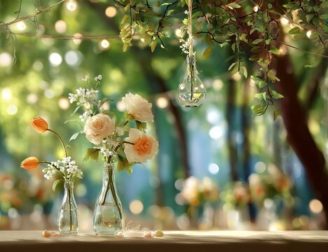 A blurred background of nature with hanging orange flowers and string lights on the right side, a glass jar filled with tulips in the foreground, bright sunlight, a spring atmosphere, fresh colors,  - Powered by Adobe