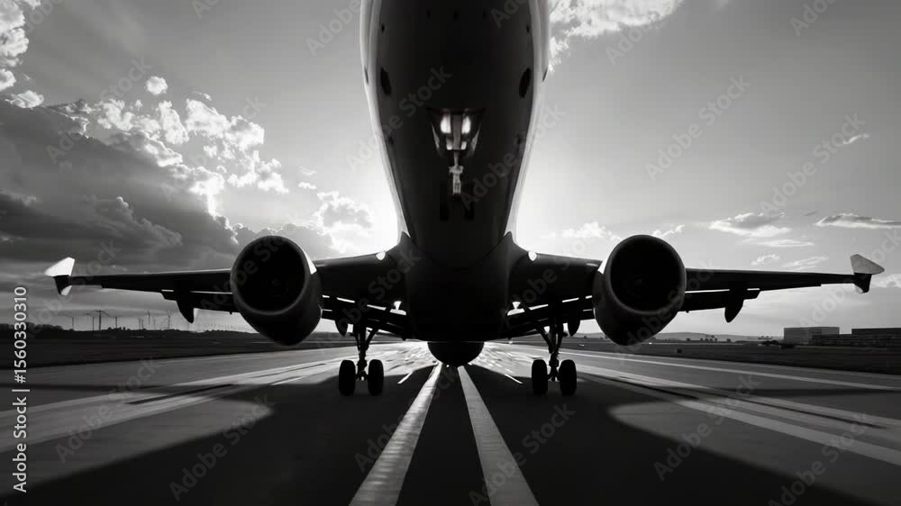 Poster a commercial airliner soaring above a layered cloud formation, suitable for use in aviation-themed p