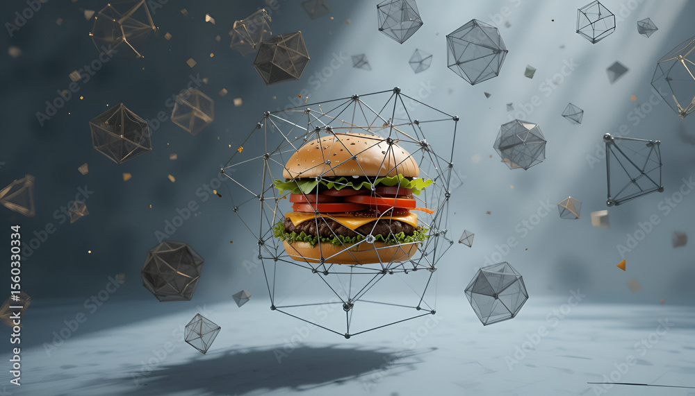 Fototapete a delicious burger is displayed with digital geometric shapes, creating a contemporary and tech-insp