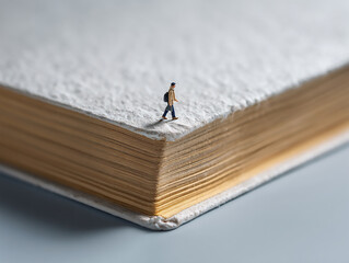 A tiny figure walking on a massive book, concept of lifelong learning. Generative Ai.