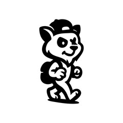 Cartoon animal character, possibly a cat or panda, wearing a cap and carrying a backpack, walking