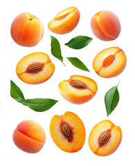 Obraz premium Falling peaches and peach slices with leaves isolated on a transparent background, top view. 
