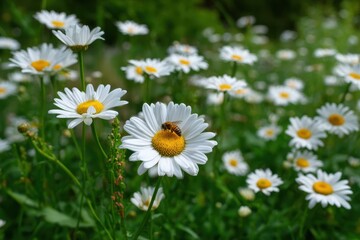 Fototapeta premium A diligent bee gathers nectar from a vibrant daisy flower amidst a field of blooming daisies on a sunny day