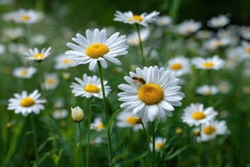 Fototapeta premium A small insect lands on a bright white daisy with a yellow center surrounded by other blooming daisies in a lush green meadow