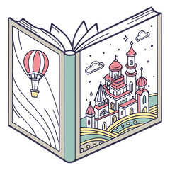 Fototapeta premium Open book illustration featuring a hot air balloon and a castle with clouds and stars on the pages design