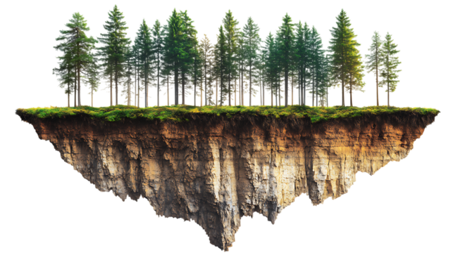 Floating island with coniferous trees and exposed rock isolated on white or transparent png