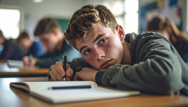 Bored and disengaged teenage boy lies on desk with open notebook in classroom, reflecting lack of motivation and academic fatigue. - Powered by Adobe