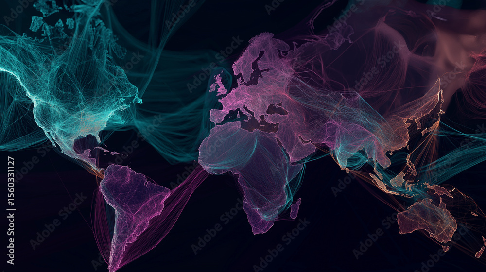 Poster a world map on a dark background with images of light communication lines and data lines