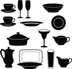 Diverse Tableware & Dinnerware Silhouettes: Cups, Bowls, Glasses, and Serving Dishes for Dining and Kitchen Concepts.
