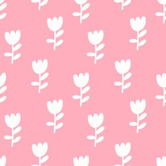 Seamless pattern with white hand-drawn flowers on a soft pink background. Ideal for baby textiles, nursery decor, digital papers, and feminine designs.