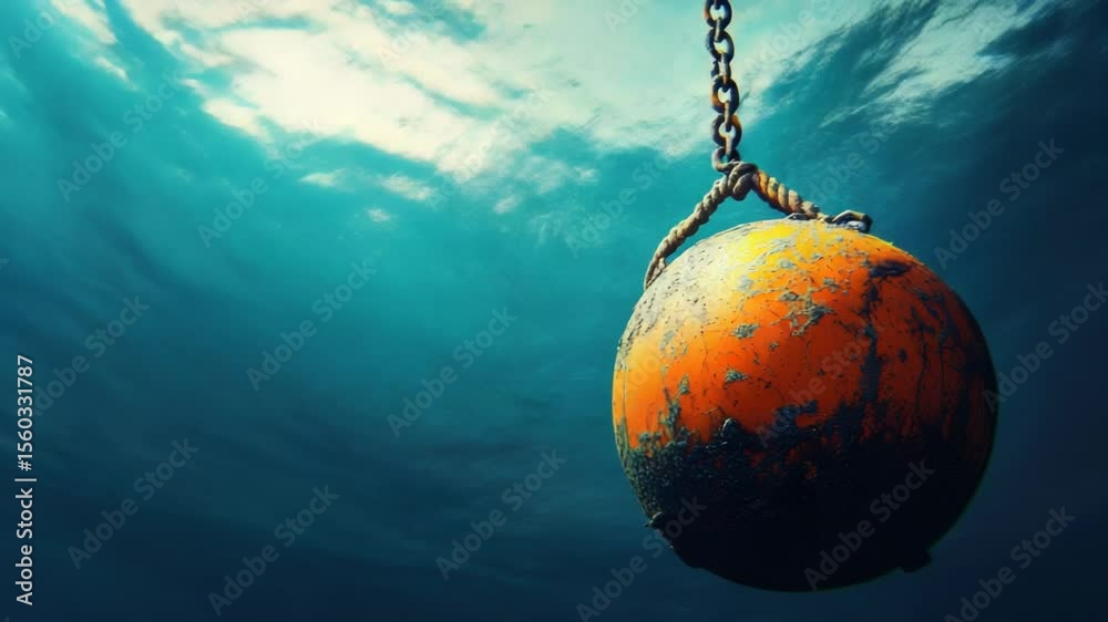 Poster an orange buoy floating on the surface of the ocean, attached to a chain