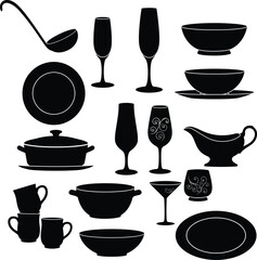 Diverse Tableware & Dinnerware Silhouettes: Cups, Bowls, Glasses, and Serving Dishes for Dining and Kitchen Concepts.