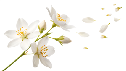 Flying flower of jasmine falling in the air isolated on a white background PNG. AI GENERATED.