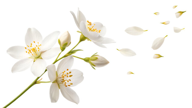 Flying flower of jasmine falling in the air isolated on a white background PNG. AI GENERATED.