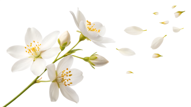 Flying flower of jasmine falling in the air isolated on a white background PNG. AI GENERATED.
