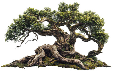Towering oak tree featuring massive roots spreading outward and a robust trunk shaped by centuries isolated on transparent background PNG