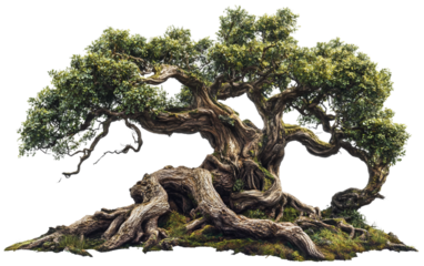 Towering oak tree featuring massive roots spreading outward and a robust trunk shaped by centuries isolated on transparent background PNG